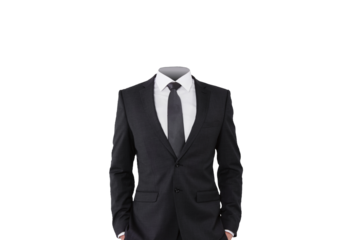 An invisible man wearing a suit and tie, with a white shirt visible. The image is on a white background, ideal for concept designs or layouts
