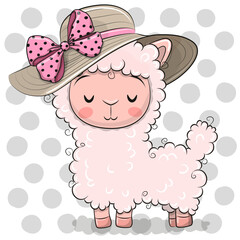 Fototapeta premium Cartoon pink alpaca in beach hat