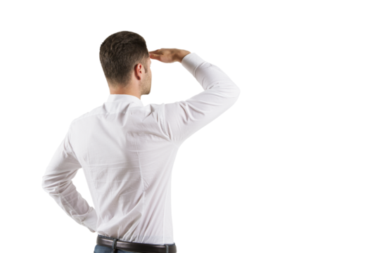 A man in white shirt saluting into the distance, shot from behind, against a clean white background, depicting searching or looking ahead concept