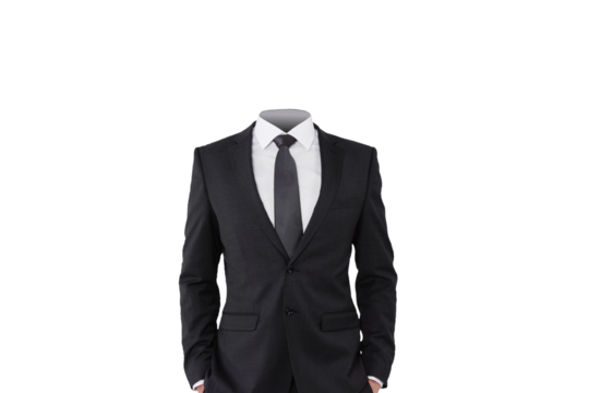 An invisible man wearing a suit and tie, with a white shirt visible. The image is on a white background, ideal for concept designs or layouts - Powered by Adobe