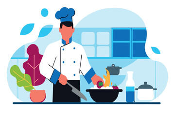 Chef in uniform cooking on stove with fresh ingredients