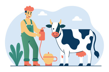 Farmer in overalls happily milks a cow, filling a red bucket