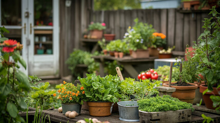 Various plants growing in a beautiful, well-kept home garden. Plants, seedlings, herbs, vegetables and flowers in a pots.