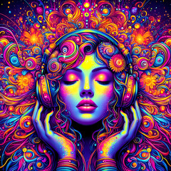 Digital art vibrant colorful psychedelic beautiful woman with headphones vibin to music