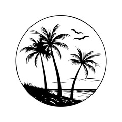 Coconut trees on an island by the sea black and white background vector illustration