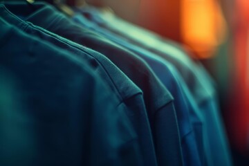 A variety of blue t-shirts hang on a rack in a retail store. - Powered by Adobe