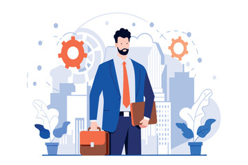 Man in suit holds briefcase, cityscape backdrop with gears symbolizing strategy