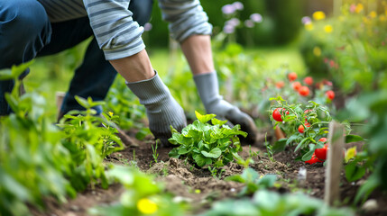 Fototapeta premium Planting herbs and seedlings in the home garden. Hands of gardener planting flowers in the soil, close up. Spring and summer gardening, bright background. 