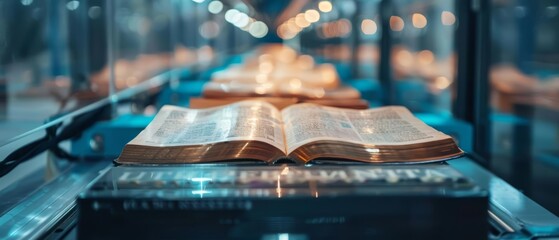 An open Bible sits on a glass table. The Bible is opened to the book of Psalms. - Powered by Adobe