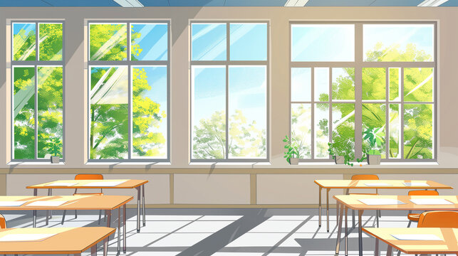 An illustration bright and inviting classroom with large windows showcasing a glimpse of nature outside, Generative AI