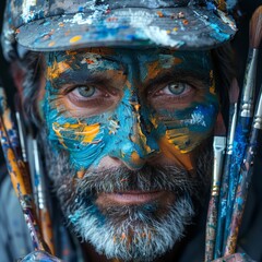 A thin man with a painted face, the whole face in focus, and the whole face is clearly visible in the picture, with brushes in his hand