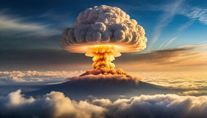 atomic mushroom cloud looms above clouds, depicting war's aftermath and future devastation