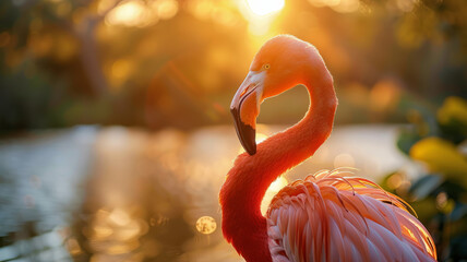 Flamingo at sunset by water - obrazy, fototapety, plakaty