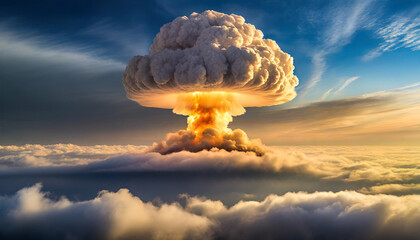 atomic mushroom cloud looms above clouds, depicting war's aftermath and future devastation