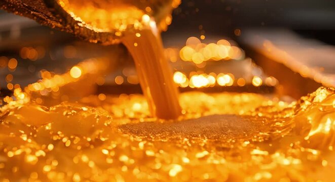 Close-up of molten gold being poured into bars at a gold factory. Concept Gold Manufacturing Process, Precious Metal Production, Industrial Photography, Factory Workers, Molding and Pouring