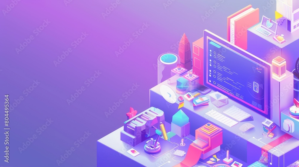 Poster hris isometric landing page. computer screen with software for storing and capturing employee data 3