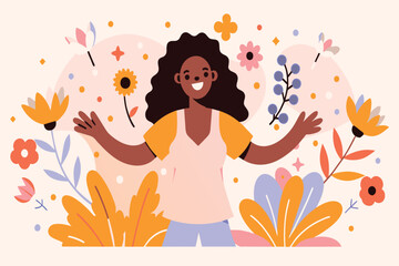 A cheerful woman amongst vibrant illustrated flora