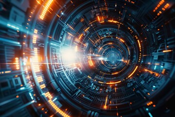 Obraz premium An epic digital painting of a futuristic spaceship interior with glowing lights and a bright light at the end of the tunnel
