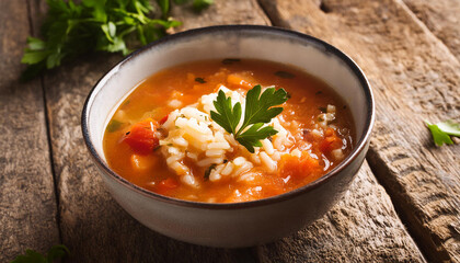 Tomato and rice soup in bowl over wooden background. Healthy eating, diet. Vegan dish.