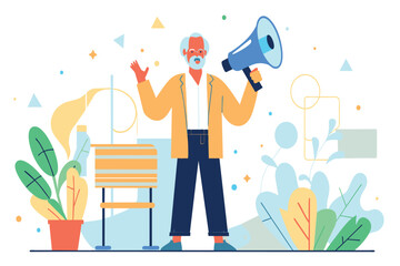 Elderly animated man with megaphone making an announcement outdoors