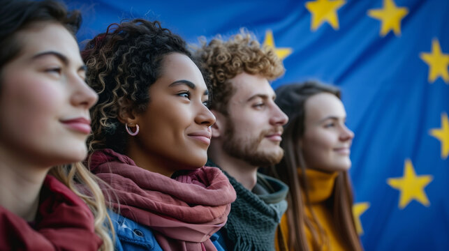Four young adults, diverse and smiling, stand confidently against a backdrop of the European flag, symbolizing unity and optimism
