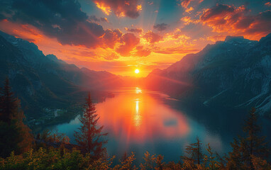 Sunset in the mountains, Beautiful view. Created with Ai 