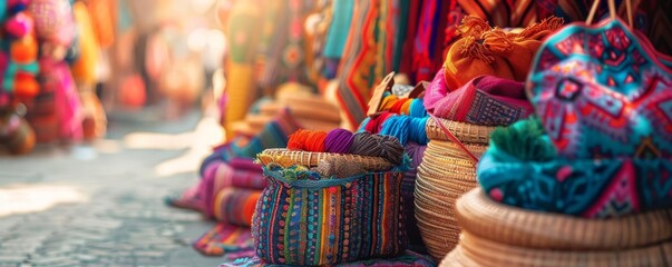 Colorful woven baskets and textiles line the streets of a vibrant South American market.