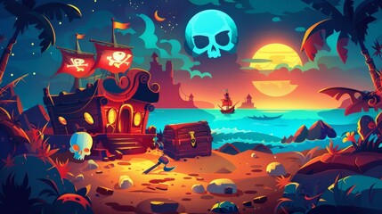 The ghost of a pirate on a haunted island is a spooky dead filibuster captain with a hook hand and a wooden leg prosthesis on a tropical beach at night with a treasure map and ship. Cartoon modern