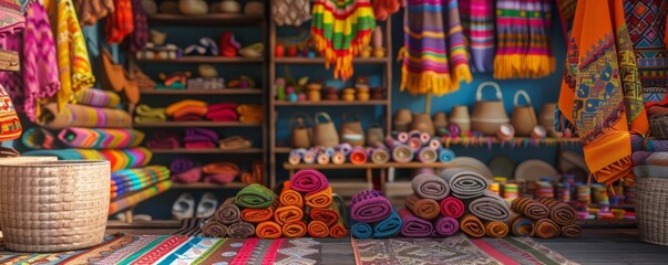 A colorfulTan Wei  at a South American market is piled high with stacks of brightly colored handwoven blankets and other hand-made goods.