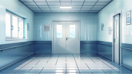 Laboratory, kitchen, hospital, or school corridor doors with rectangular windows, white walls and tiled floor, realistic 3D modern illustration.