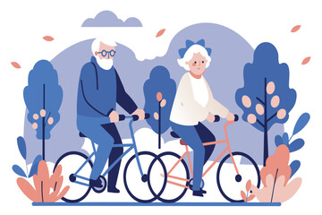 An elderly man and woman enjoy a bike ride together in a park on a sunny day