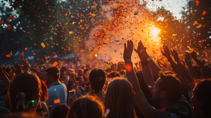 A lively crowd of people at a concert, excitedly cheering and dancing as confetti is thrown in the air.