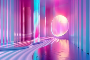 Create a 3D rendering of a futuristic stage with a circular portal at the end of a long hallway
