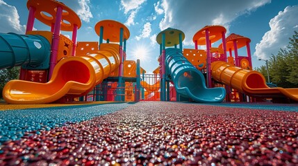 A vibrant summer scene with a colorful city skyline, park with children playing, and a red boat on the water