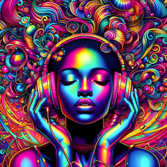 Digital art vibrant colorful psychedelic beautiful woman with headphones vibin to music