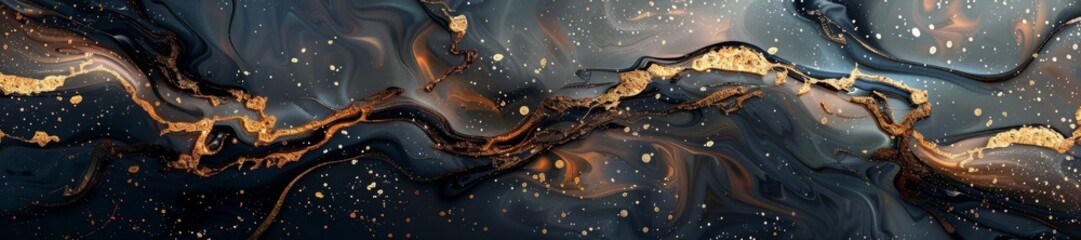 Luxurious Golden Swirls on Dark Abstract Background Panorama