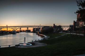 Bridge on Cuyahoga river at Cleveland (OH) USA, at sunset