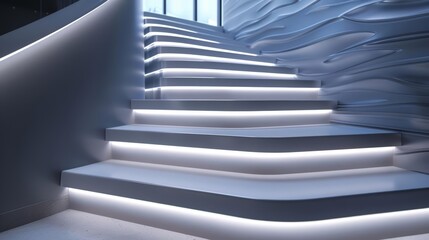 Obraz premium Design a modern staircase with integrated lighting. The staircase should be made of white marble and have a curved shape. The lighting should be hidden and provide a soft glow.