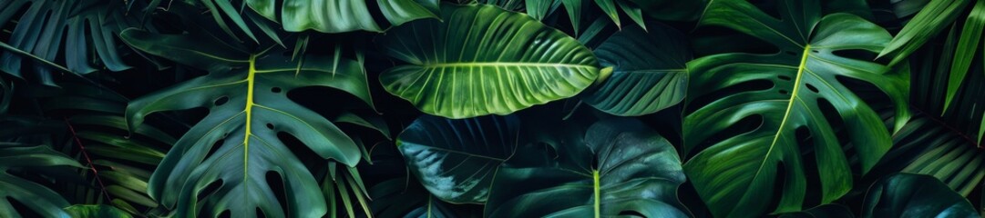 Lush Green Tropical Monstera Leaves Background for Tranquil Nature Themes