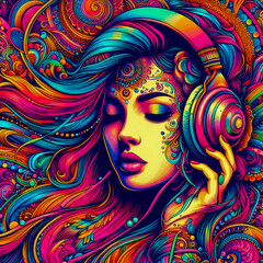 Digital art vibrant colorful psychedelic beautiful woman with headphones vibin to music