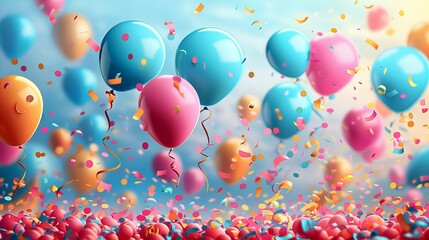 A dynamic and colorful image capturing balloons surrounded by a flurry of red and blue confetti, perfect for illustrating celebrations, parties, and festive events,celebration concept