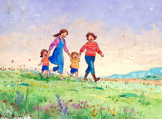 Happy family with children playing in a field of wildflowers and having fun together. Family vacation illustration 