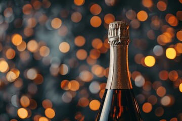 Festive Champagne Bottle with Golden Lights Bokeh Background