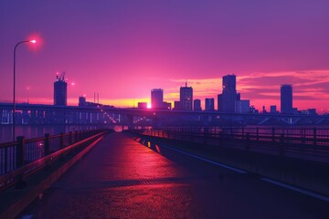 A wide bridge with a beautiful view of the city in the distance