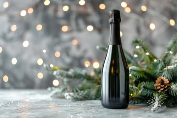 Sparkling Champagne Bottle with Festive Bokeh Lights and Winter Greenery