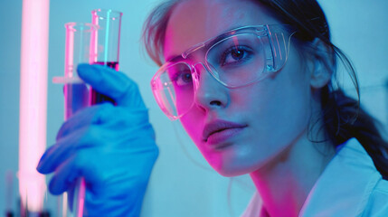 Young woman scientist conducts an experiment in the laboratory. Chemical research. She holds a glass beaker with liquid in her hands