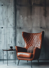 A leather armchair with diamond quilted texture, placed against an industrial concrete wall.