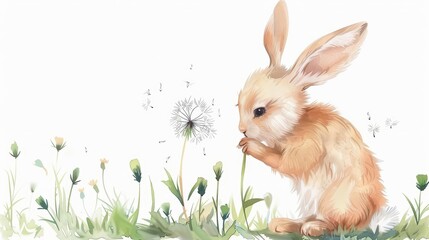 Fototapeta premium A cute bunny rabbit sits in a field of dandelions. The rabbit is sniffing the dandelions. The dandelions are blowing in the wind.