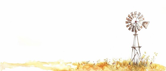 A watercolor painting of a windmill in a field of wheat