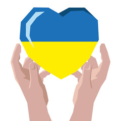 Support of Ukraine. Hands hold a heart with the colors of the flag of Ukraine.
